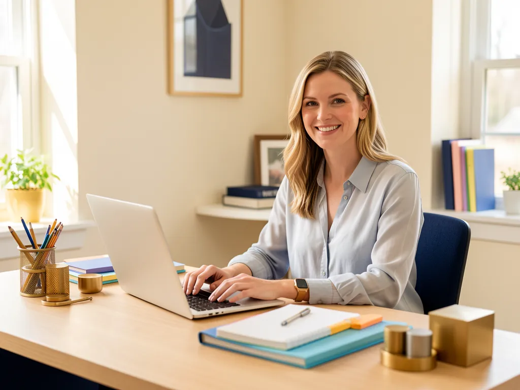 Professional white woman working at an organised desk with laptop, notebooks, and filing folders