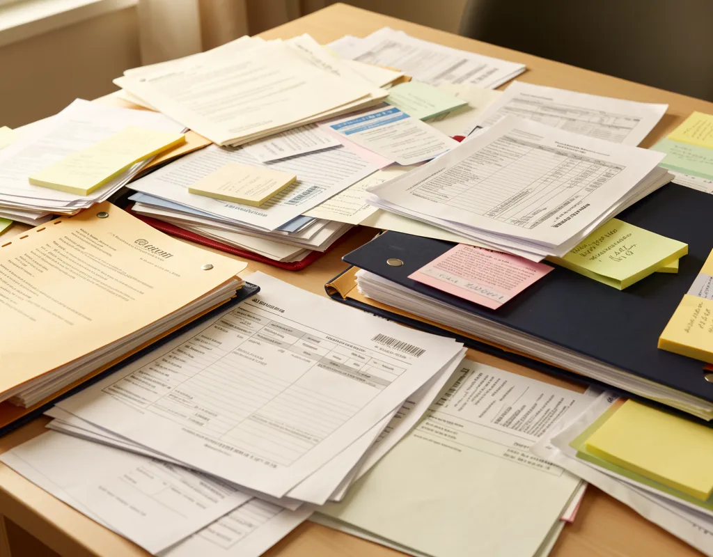 Messy pile of business paperwork — invoices, receipts, and forms scattered across a desk